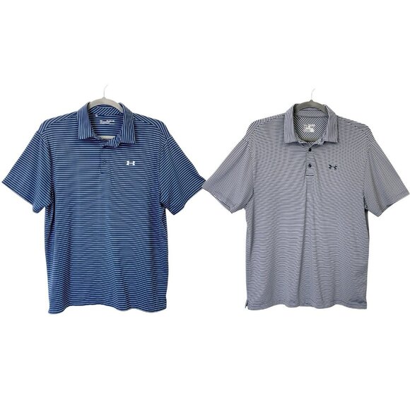 Under Armour Loose Fit Polo Shirt Set Men’s Size 2XL Blue Gray Stripe Lot - Picture 1 of 15